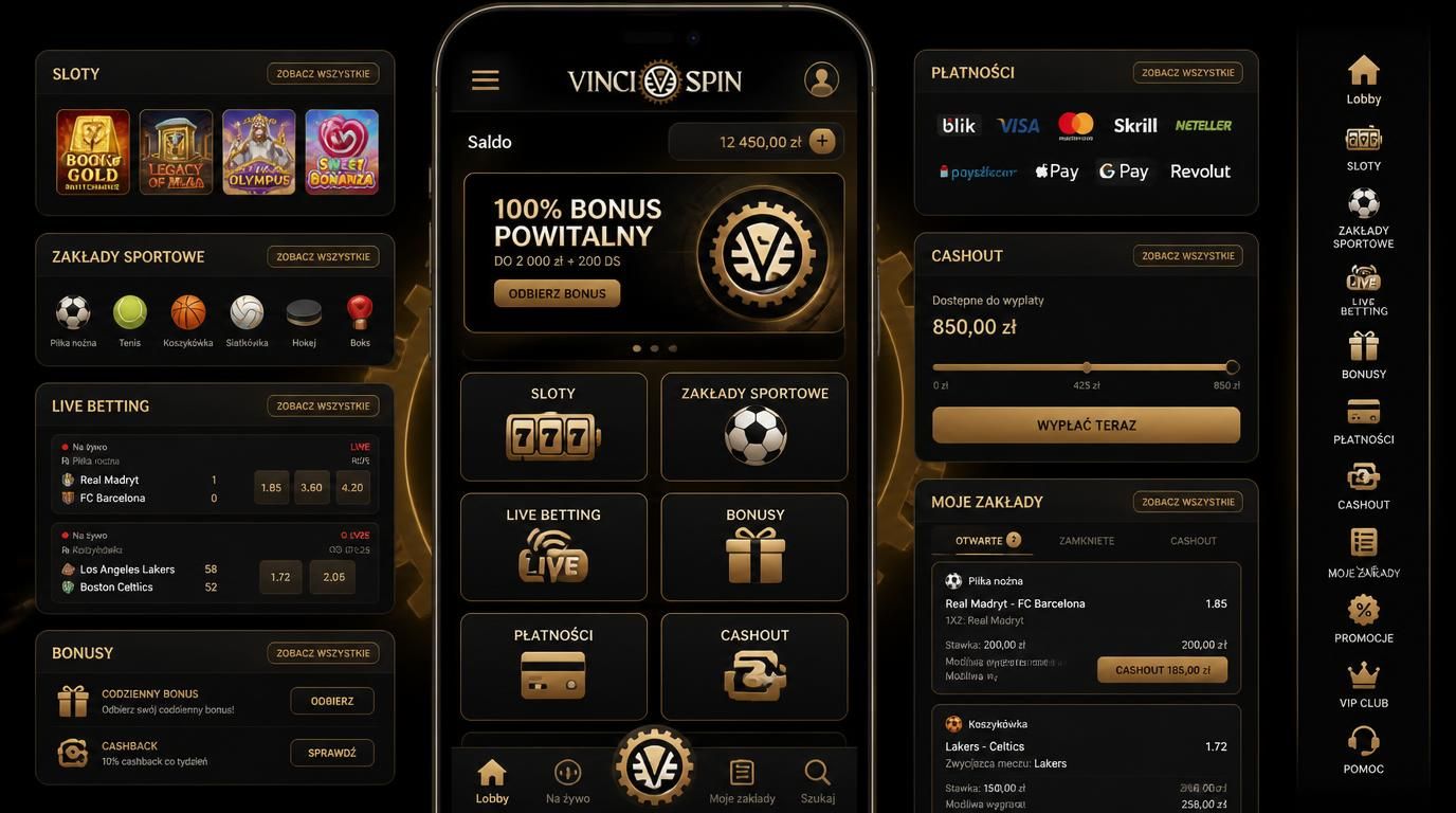 ekran aplikacji z slotami, zakładami sportowymi, live bettingiem, bonusem i opcją cashout