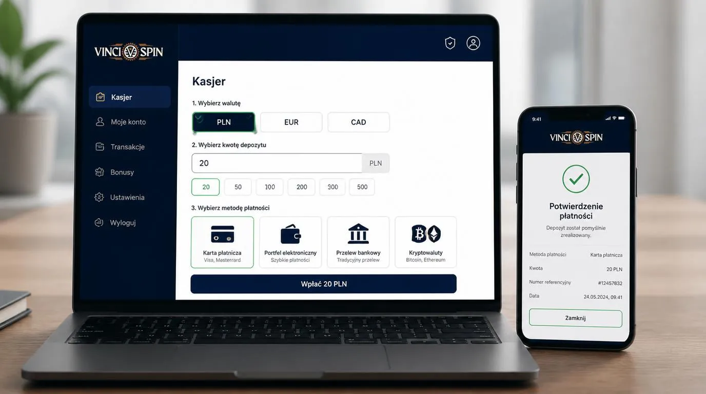 Panel kasy z wybraną walutą PLN, kwotą depozytu 20 PLN oraz opcjami karty, portfela i przelewu