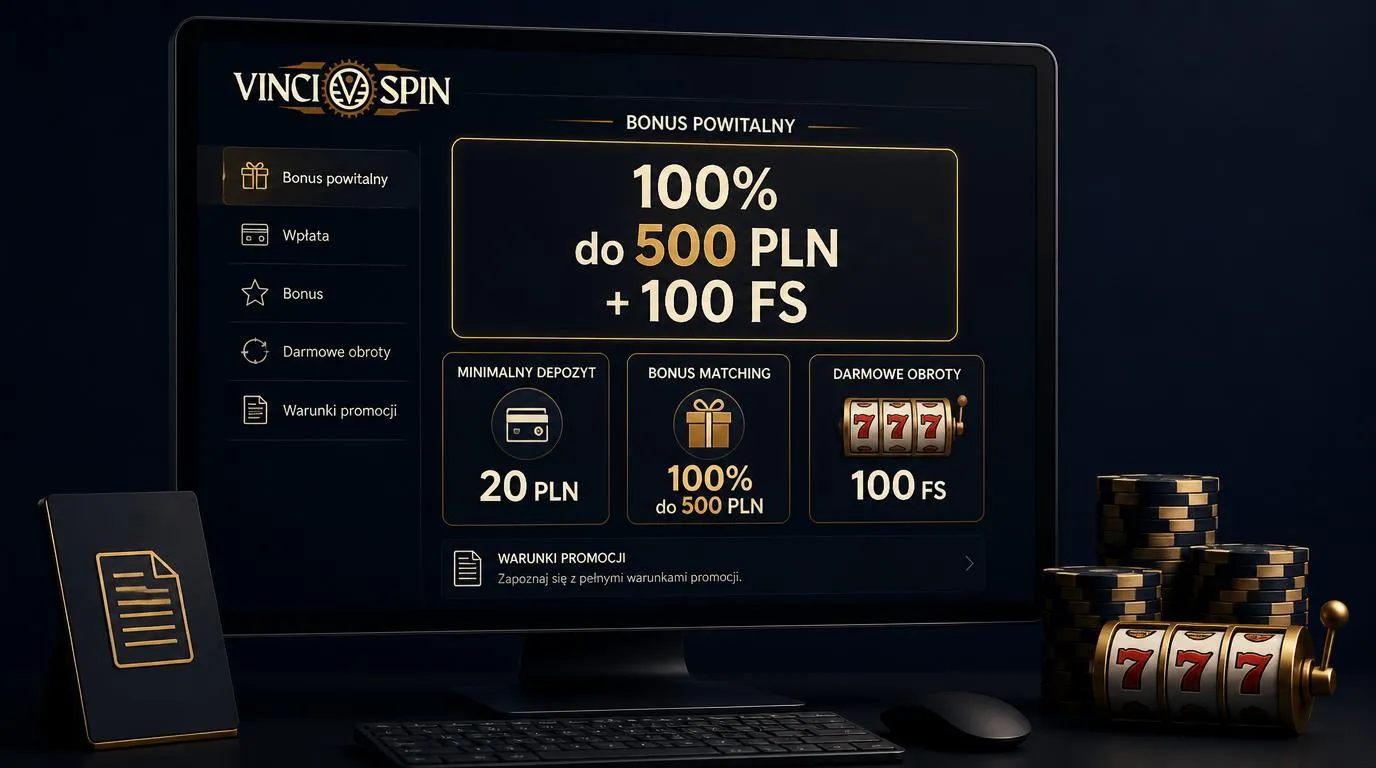 Panel bonusu powitalnego z ofertą 100% do 500 PLN, 100 darmowymi spinami i minimalnym depozytem 20 PLN