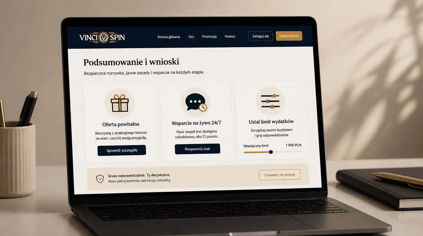 Wizualizacja oferty powitalnej, całodobowego czatu i ustawień limitu wydatków na ekranie laptopa