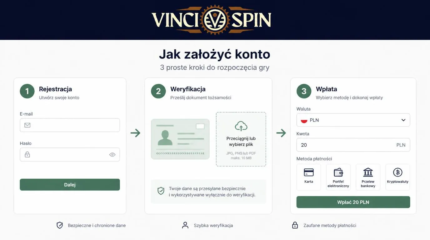 Schemat rejestracji konta, przesłania dokumentu do KYC i pierwszego depozytu w PLN